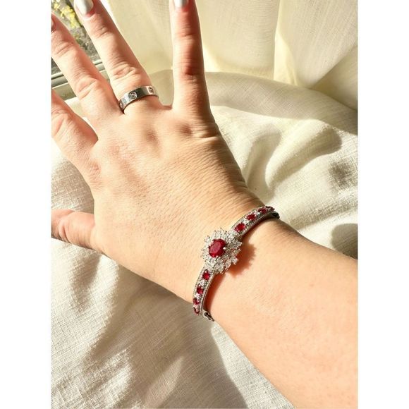 Ruby red cubic zirconia intricate bangle bracelet - Picture 4 of 7